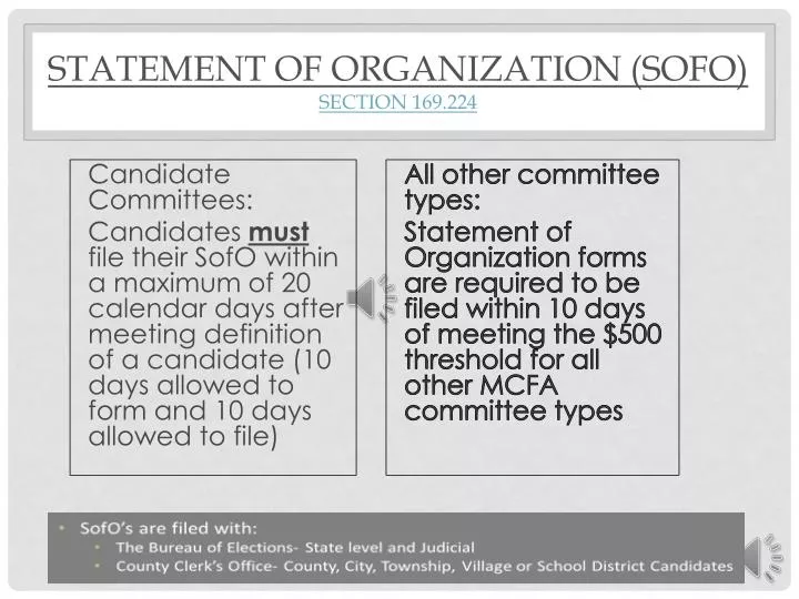 statement of organization sofo section 169 224