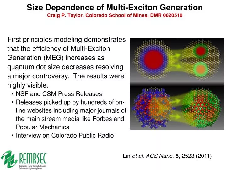 size dependence of multi exciton generation craig p taylor colorado school of mines dmr 0820518