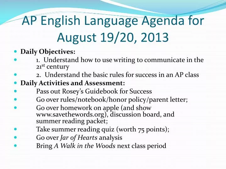 ap english language agenda for august 19 20 2013
