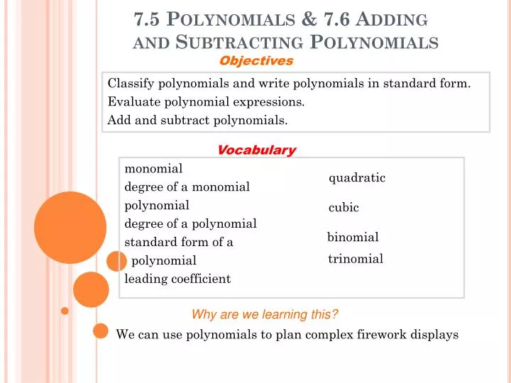 7 5 polynomials 7 6 adding and subtracting polynomials