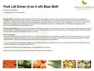 Fork Lift Driver (4 on 4 off ) Blue Shift Produce World Chatteris
