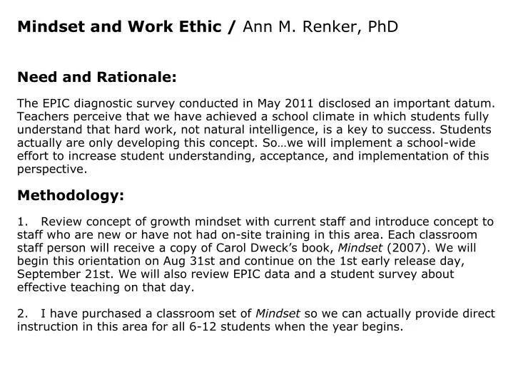 mindset and work ethic ann m renker phd