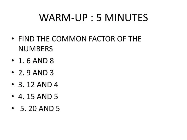 warm up 5 minutes
