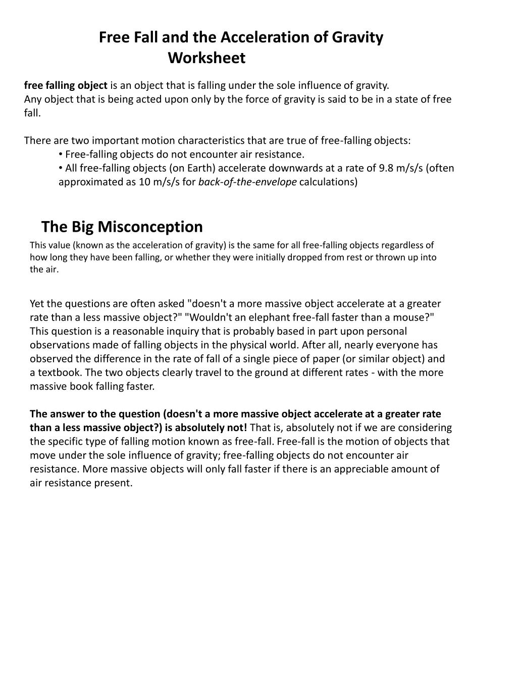 PPT - Free Fall and the Acceleration of Gravity Worksheet PowerPoint ...
