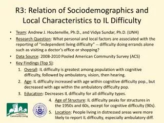 R3 : Relation of Sociodemographics and Local Characteristics to IL Difficulty