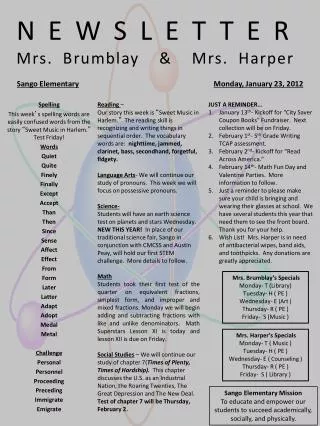 NEWSLETTER Mrs. Brumblay &amp; Mrs. Harper