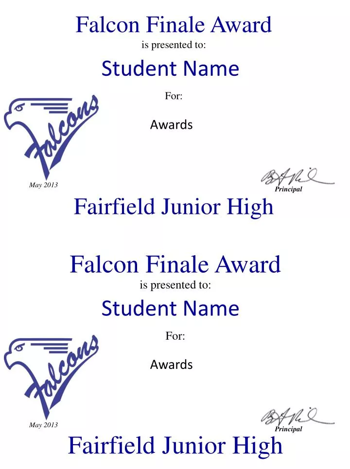 falcon finale award is presented to for fairfield junior high