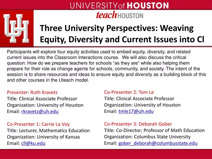 three university perspectives weaving equity diversity and current issues into cl