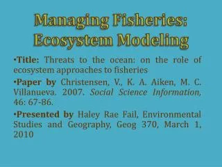 Managing Fisheries: Ecosystem Modeling