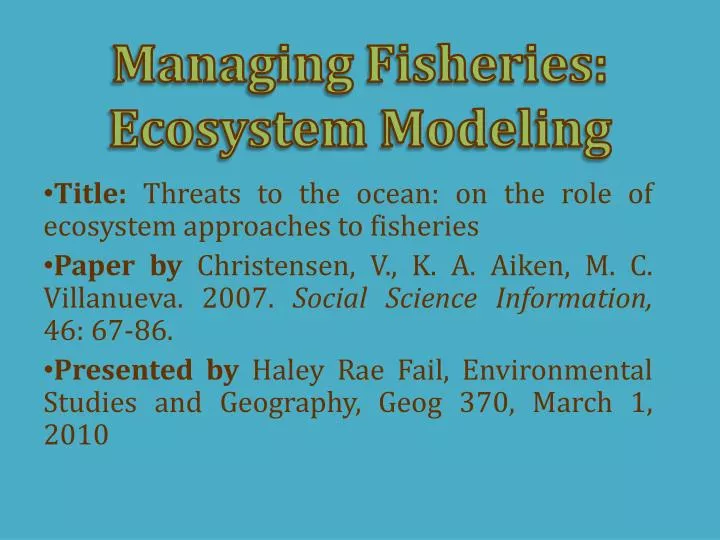 managing fisheries ecosystem modeling