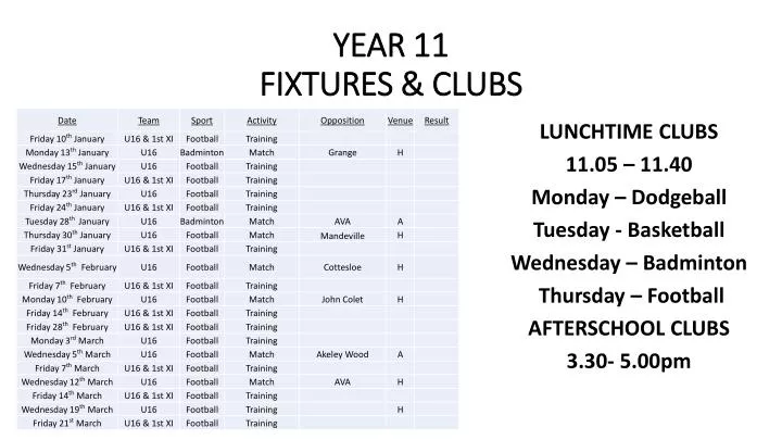 year 11 fixtures clubs