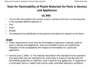 tests for flammability of plastic materials for parts in devices and appliances