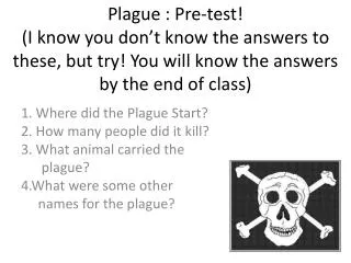 1. Where did the Plague Start? 2. How many people did it kill? 3. What animal carried the