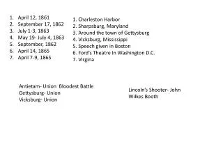 April 12, 1861 September 17, 1862 July 1-3, 1863 May 19- July 4, 1863 September, 1862