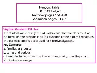 Periodic Table SOL: CH.2d,e,f Textbook pages 154-178 Workbook pages 51-57