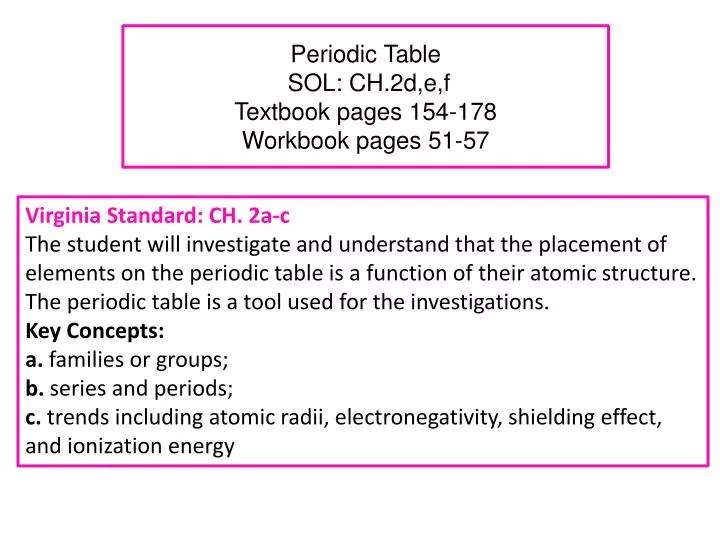 periodic table sol ch 2d e f textbook pages 154 178 workbook pages 51 57