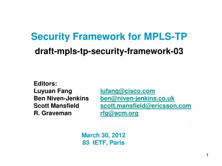 security framework for mpls tp draft mpls tp security framework 03