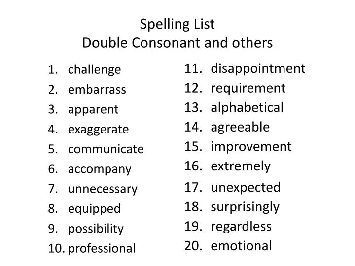 spelling list double consonant and others