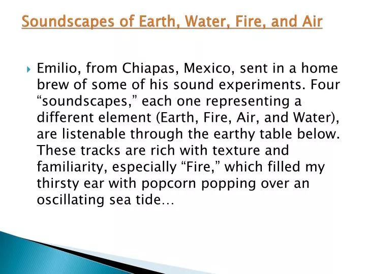 soundscapes of earth water fire and air