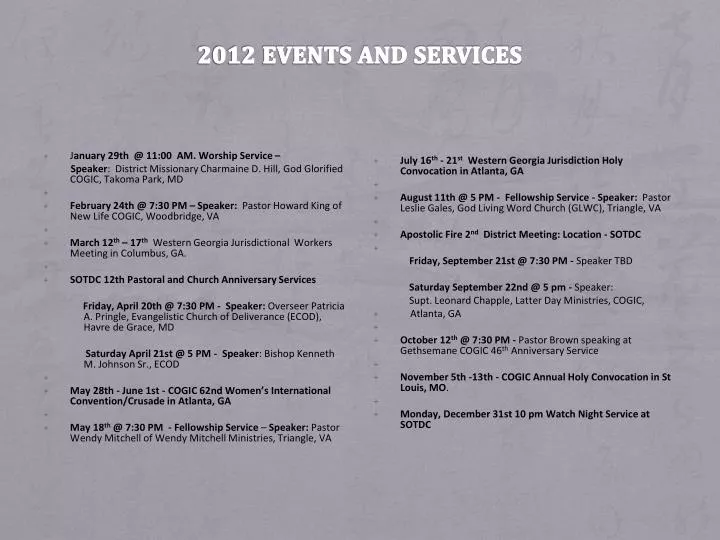 2012 events and services