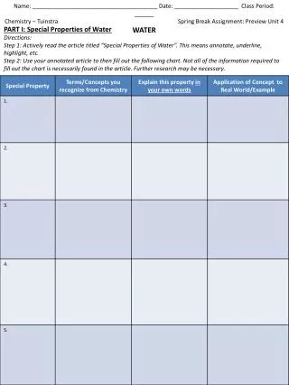 PART I: Special Properties of Water Directions: