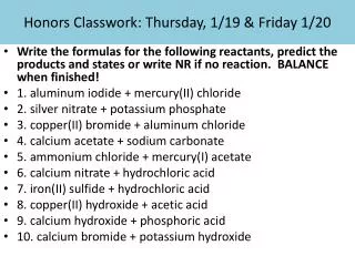 Honors Classwork : Thursday, 1/19 &amp; Friday 1/20