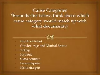 Depth of belief Gender, Age and Marital Status Acting Hysteria Class conflict Land dispute
