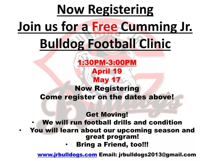 now registering join us for a free cumming jr bulldog football clinic