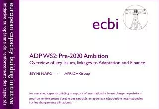 ADP WS2: Pre-2020 Ambition Overview of key issues, linkages to Adaptation and Finance