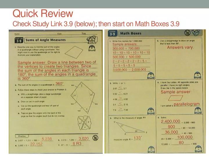 quick review check study link 3 9 below then start on math boxes 3 9