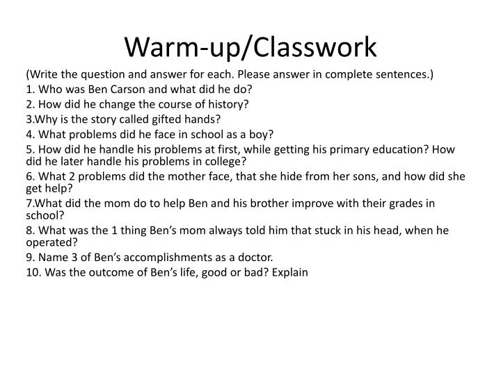 warm up classwork