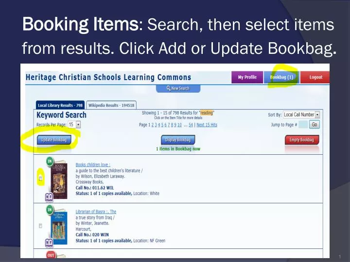 booking items search then select items from results click add or update bookbag