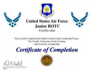 United States Air Force Junior ROTC Certifies that