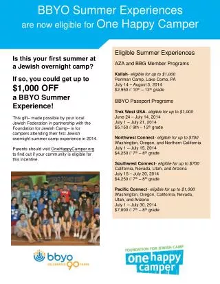 BBYO Summer Experiences are now eligible for One Happy Camper