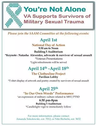 Please join the SAAM Committee at the following events: April 1st National Day of Action