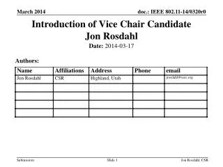 Introduction of Vice Chair Candidate Jon Rosdahl