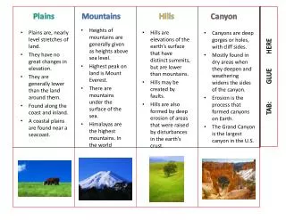 Plains are, nearly level stretches of land. They have no great changes in elevation.