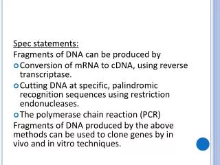 Spec statements: Fragments of DNA can be produced by