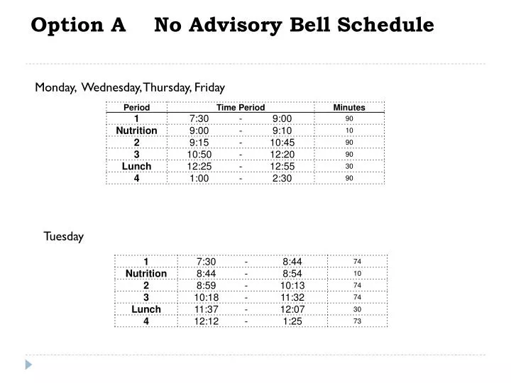 option a no advisory bell schedule