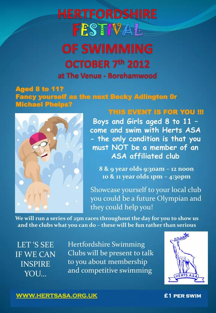 hertfordshire f e s t i v a l of swimming october 7 th 2012 at the venue borehamwood