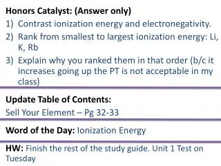 Honors Catalyst: (Answer only) Contrast ionization energy and electronegativity.