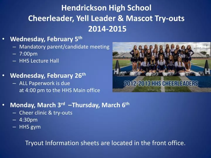 hendrickson high school cheerleader yell leader mascot try outs 2014 2015