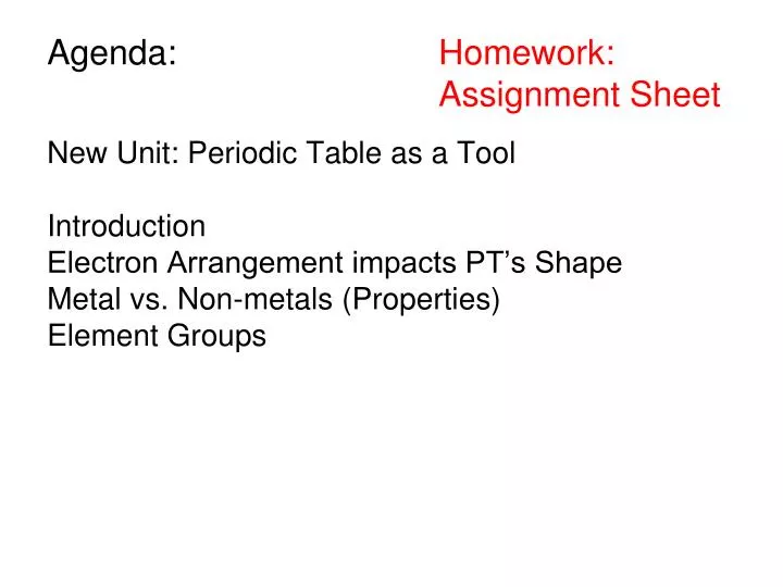 agenda homework assignment sheet
