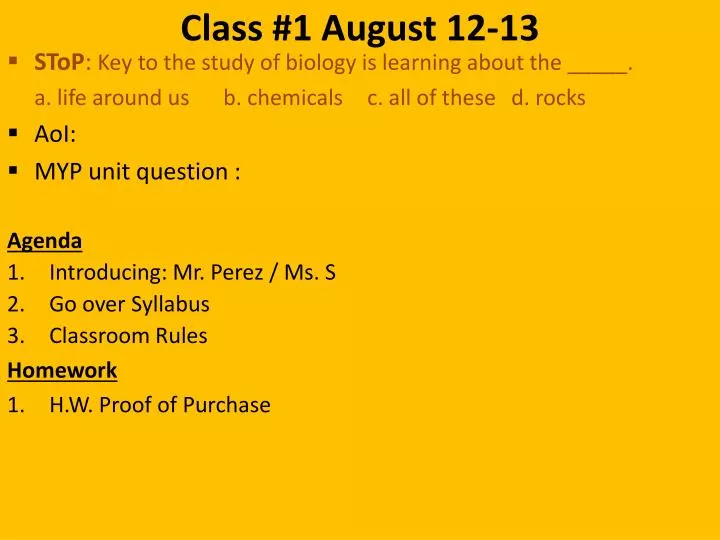 class 1 august 12 13