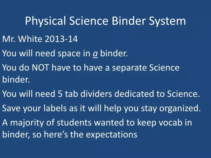 physical science binder system