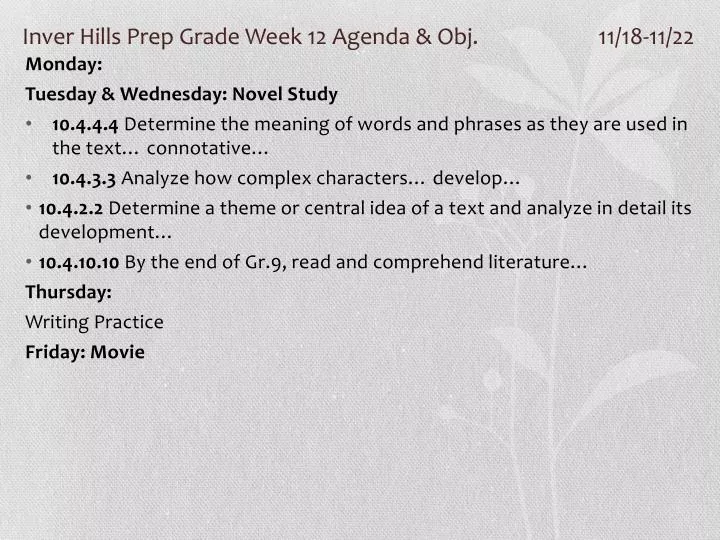 inver hills prep grade week 12 agenda obj 11 18 11 22