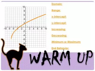 Domain: Range: x-intercept: y-intercept: Increasing: Decreasing: Minimum or Maximum: