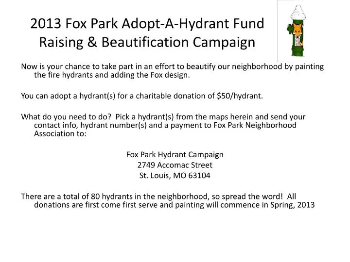 2013 fox park adopt a hydrant fund raising beautification campaign