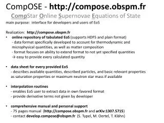 CompOSE - compose.obspm.fr Comp Star O nline S upernovae E quations of State