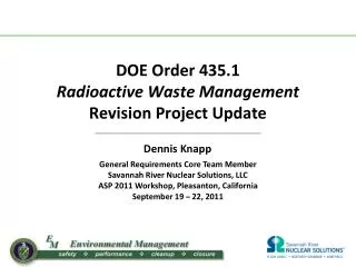 DOE Order 435.1 Radioactive Waste Management Revision Project Update